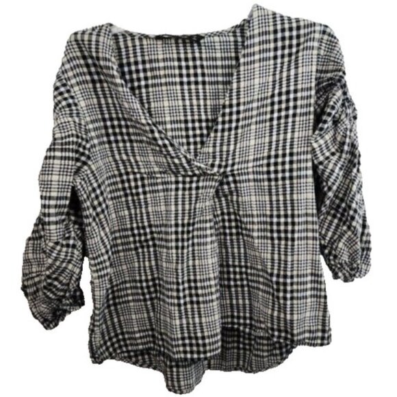 Zara Basic Womens Blouse Top Small Beige Black Plaid 3/4 Sleeve Preppy Academia - Picture 1 of 6